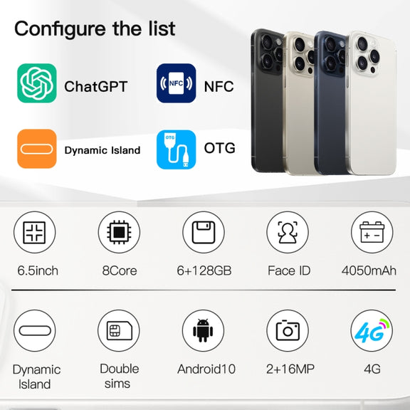 i15 Pro Max / Q5A, 6GB+128GB, 6.5 inch Screen, Face Identification, Android 10 MTK6762 Octa Core, OTG, NFC, Network: 4G, Dual SIM(Titanium Grey)