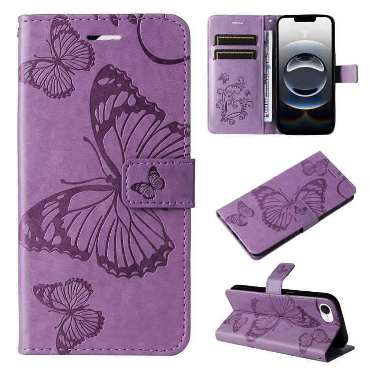 For iPhone 16e 3D Butterfly Embossed Pattern Flip Leather Phone Case(Purple)