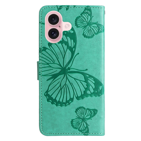 For iPhone 16 3D Butterfly Embossed Pattern Flip Leather Phone Case(Green)