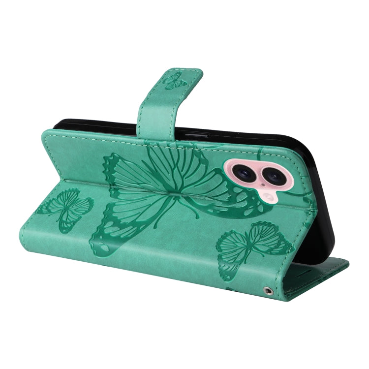 For iPhone 16 3D Butterfly Embossed Pattern Flip Leather Phone Case(Green)