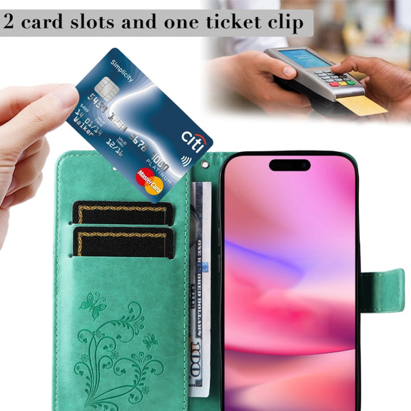 For iPhone 16 3D Butterfly Embossed Pattern Flip Leather Phone Case(Green)