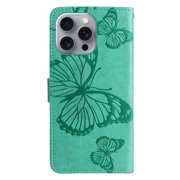 For iPhone 16 Pro Max 3D Butterfly Embossed Pattern Flip Leather Phone Case(Green)