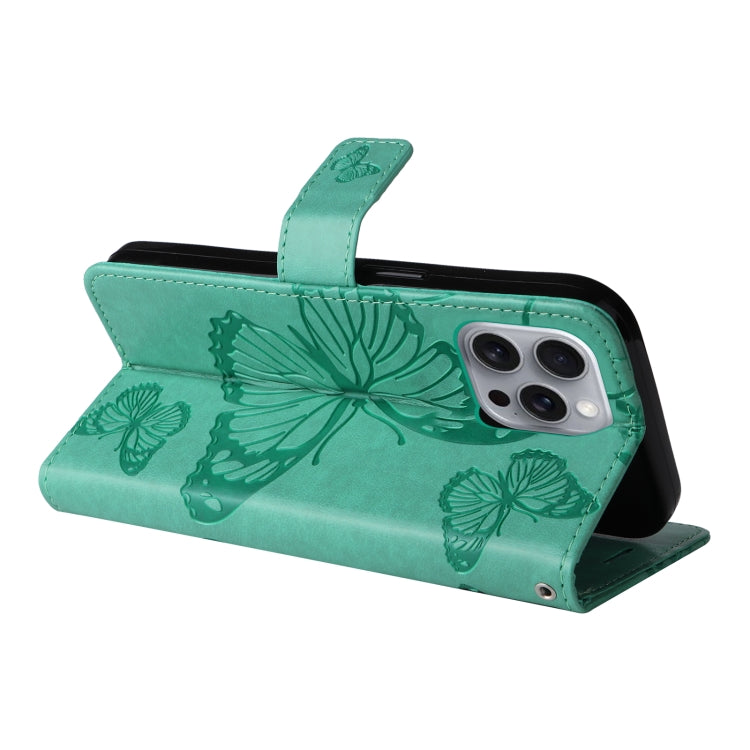 For iPhone 16 Pro Max 3D Butterfly Embossed Pattern Flip Leather Phone Case(Green)