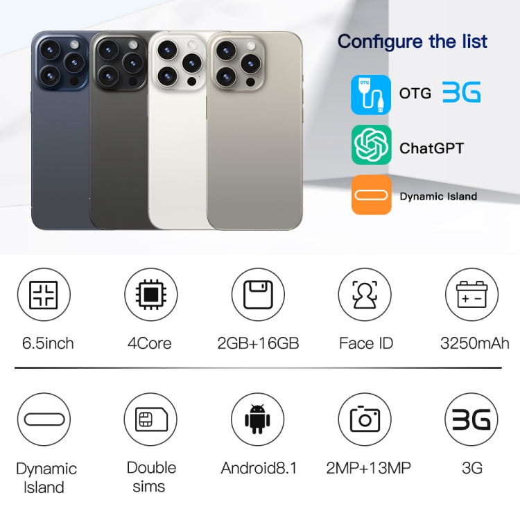 i15 Pro Max / Q5, 2GB+16GB, 6.5 inch Screen, Face Identification, Android 8.1 MTK6580P Quad Core, Network: 3G, Dual SIM(Titanium White)