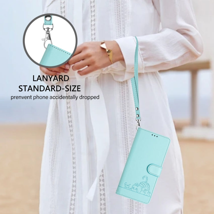 For Google Pixel 9 / 9 Pro Cat Rat Embossed Pattern RFID Leather Phone Case with Lanyard(Mint Green)