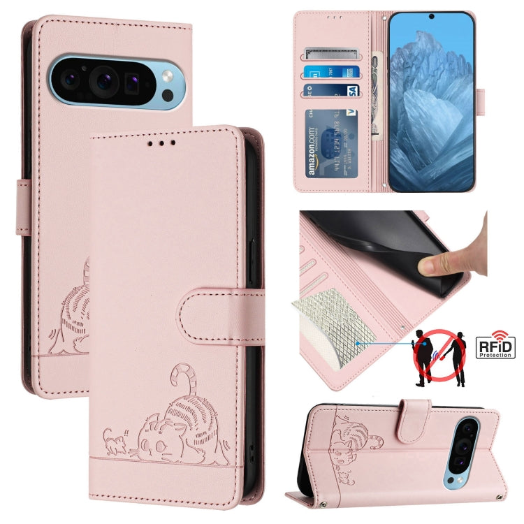 For Google Pixel 9 / 9 Pro Cat Rat Embossed Pattern RFID Leather Phone Case with Lanyard(Pink)