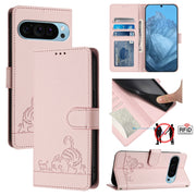 For Google Pixel 9 / 9 Pro Cat Rat Embossed Pattern RFID Leather Phone Case with Lanyard(Pink)