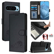 For Google Pixel 9 / 9 Pro Cat Rat Embossed Pattern RFID Leather Phone Case with Lanyard(Black)