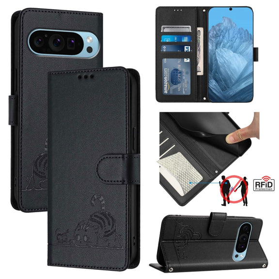 For Google Pixel 9 / 9 Pro Cat Rat Embossed Pattern RFID Leather Phone Case with Lanyard(Black)