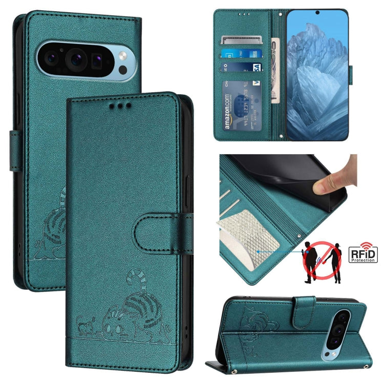 For Google Pixel 9 / 9 Pro Cat Rat Embossed Pattern RFID Leather Phone Case with Lanyard(Peacock Green)