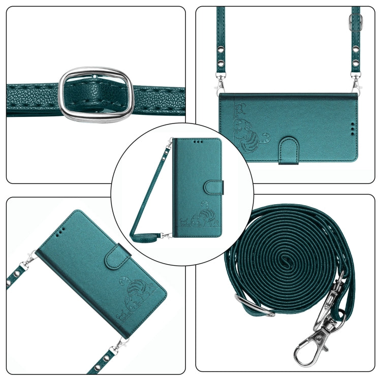 For Google Pixel 9 / 9 Pro Cat Rat Embossed Pattern RFID Leather Phone Case with Lanyard(Peacock Green)
