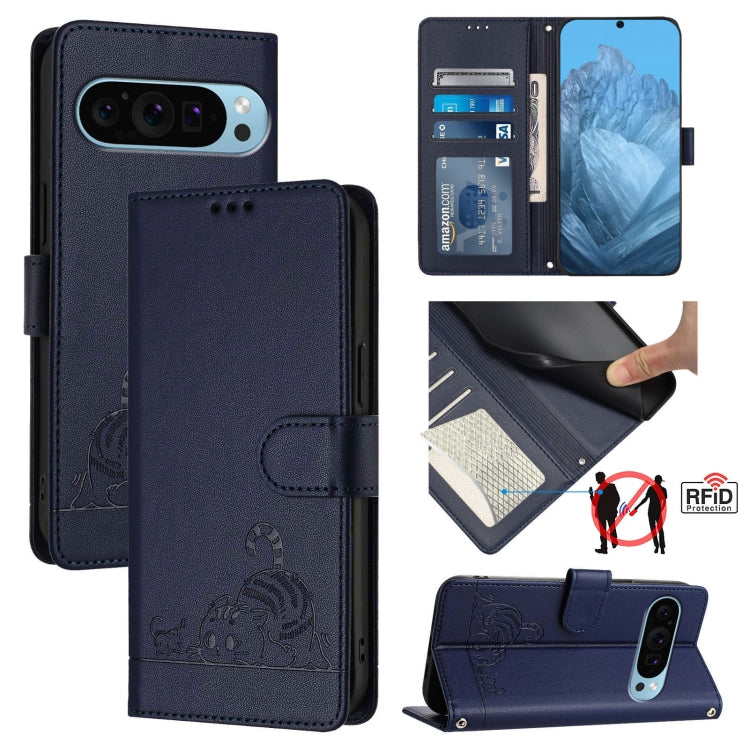 For Google Pixel 9 / 9 Pro Cat Rat Embossed Pattern RFID Leather Phone Case with Lanyard(Blue)