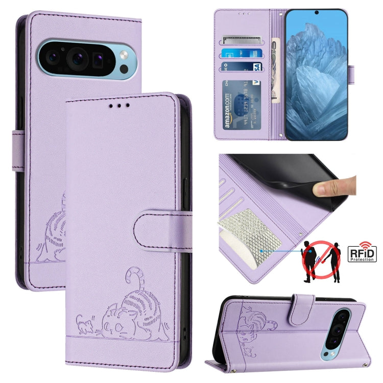 For Google Pixel 9 / 9 Pro Cat Rat Embossed Pattern RFID Leather Phone Case with Lanyard(Purple)