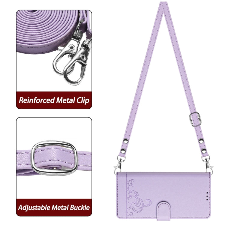 For Google Pixel 9 / 9 Pro Cat Rat Embossed Pattern RFID Leather Phone Case with Lanyard(Purple)