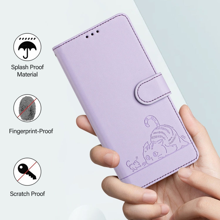 For Google Pixel 9 / 9 Pro Cat Rat Embossed Pattern RFID Leather Phone Case with Lanyard(Purple)