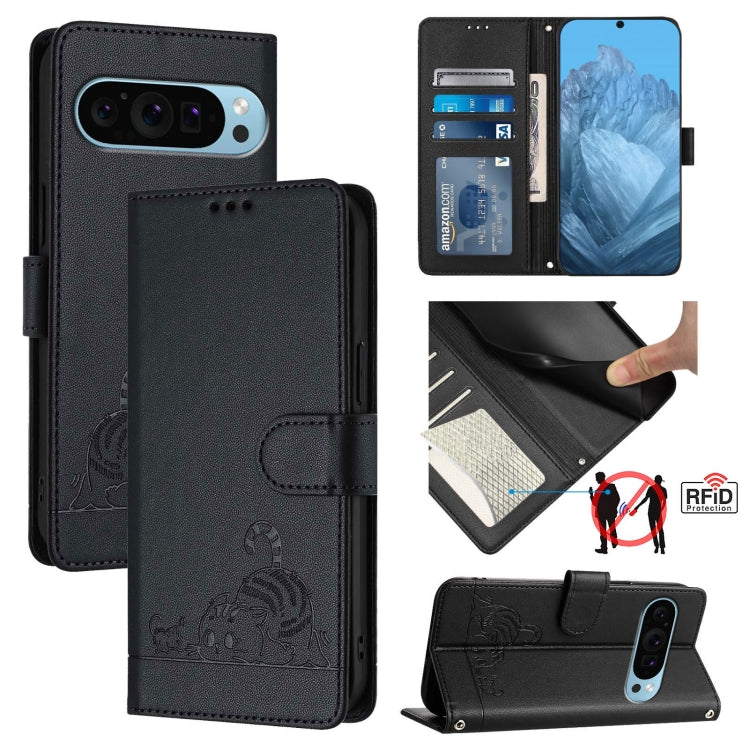 For Google Pixel 9 Pro XL Cat Rat Embossed Pattern RFID Leather Phone Case with Lanyard(Black)