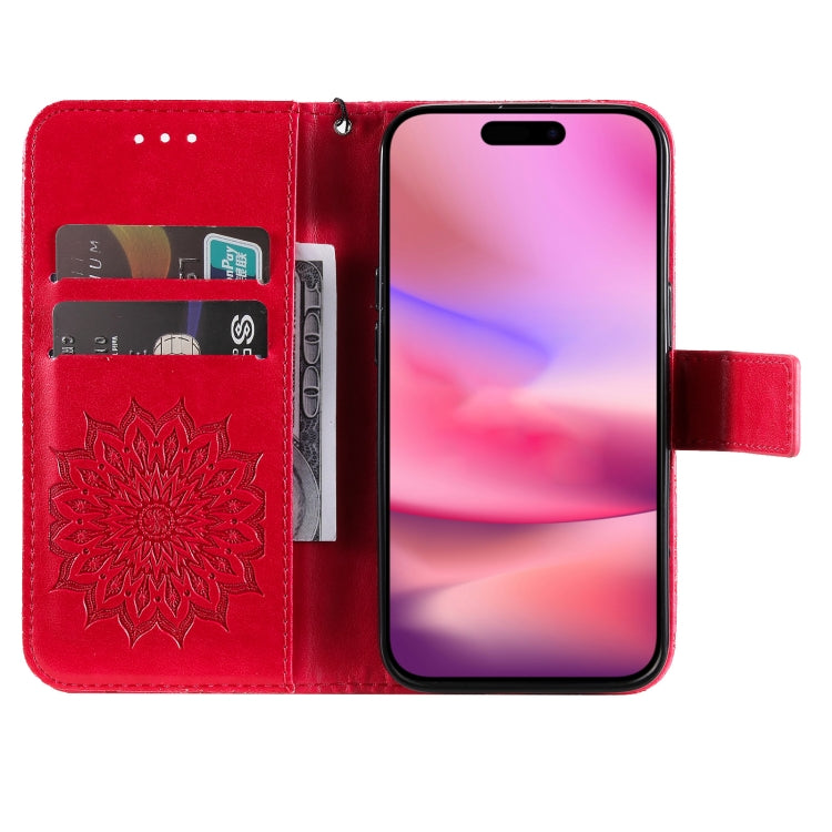 For iPhone 16 Embossed Sunflower Pattern Flip Leather Phone Case(Red)