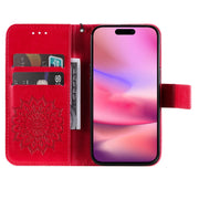 For iPhone 16 Embossed Sunflower Pattern Flip Leather Phone Case(Red)