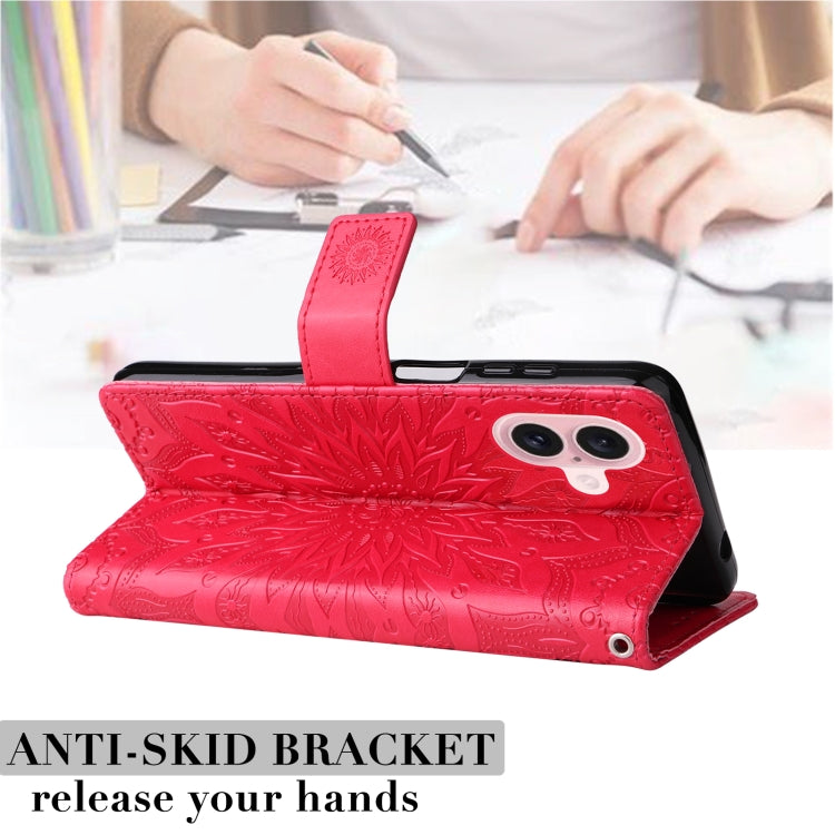 For iPhone 16 Embossed Sunflower Pattern Flip Leather Phone Case(Red)