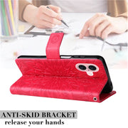 For iPhone 16 Embossed Sunflower Pattern Flip Leather Phone Case(Red)