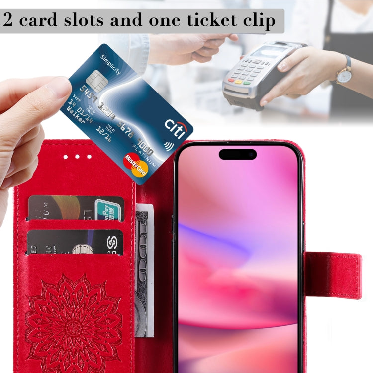 For iPhone 16 Embossed Sunflower Pattern Flip Leather Phone Case(Red)