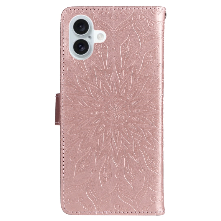 For iPhone 16 Plus Embossed Sunflower Pattern Flip Leather Phone Case(Rose Gold)