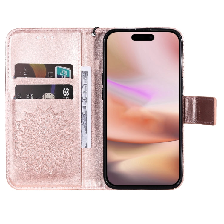 For iPhone 16 Plus Embossed Sunflower Pattern Flip Leather Phone Case(Rose Gold)