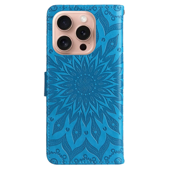 For iPhone 16 Pro Embossed Sunflower Pattern Flip Leather Phone Case(Blue)