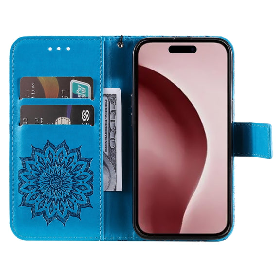 For iPhone 16 Pro Embossed Sunflower Pattern Flip Leather Phone Case(Blue)