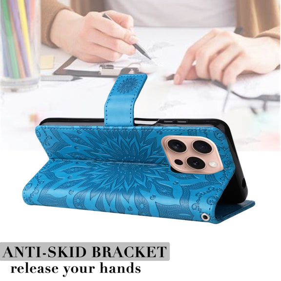 For iPhone 16 Pro Embossed Sunflower Pattern Flip Leather Phone Case(Blue)