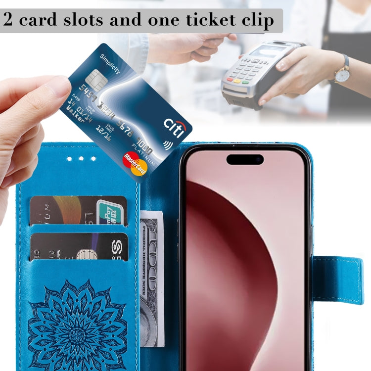 For iPhone 16 Pro Embossed Sunflower Pattern Flip Leather Phone Case(Blue)