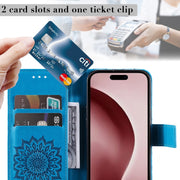 For iPhone 16 Pro Embossed Sunflower Pattern Flip Leather Phone Case(Blue)