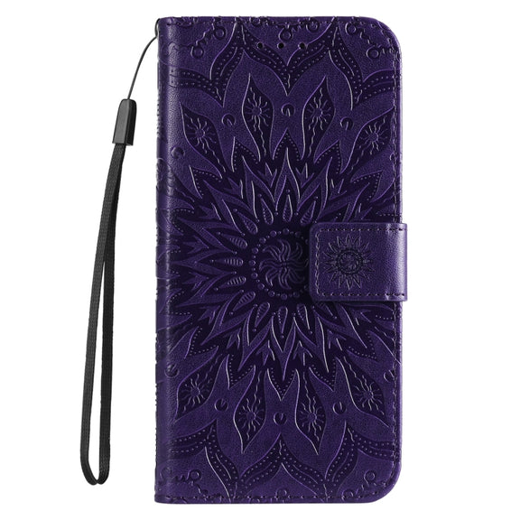For iPhone 16 Pro Max Embossed Sunflower Pattern Flip Leather Phone Case(Purple)