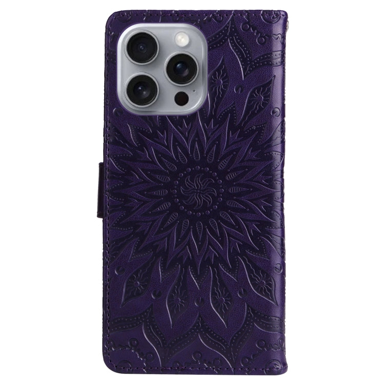 For iPhone 16 Pro Max Embossed Sunflower Pattern Flip Leather Phone Case(Purple)