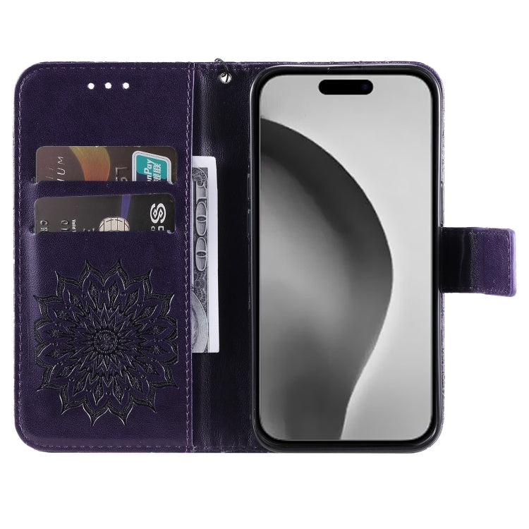 For iPhone 16 Pro Max Embossed Sunflower Pattern Flip Leather Phone Case(Purple)