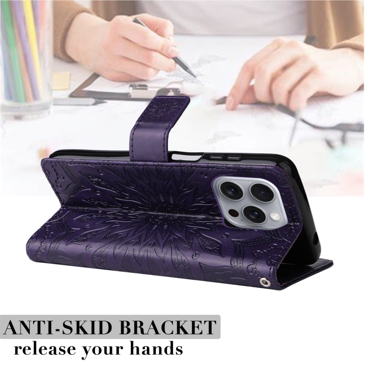 For iPhone 16 Pro Max Embossed Sunflower Pattern Flip Leather Phone Case(Purple)