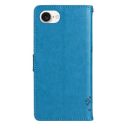 For iPhone 16e Tree & Cat Embossed Pattern Flip Leather Phone Case(Blue)