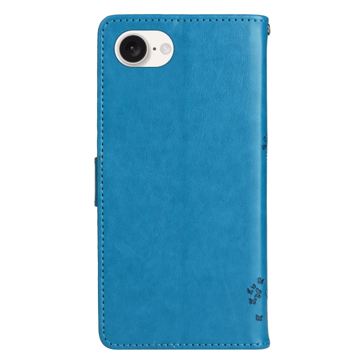 For iPhone 16e Tree & Cat Embossed Pattern Flip Leather Phone Case(Blue)