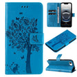 For iPhone 16e Tree & Cat Embossed Pattern Flip Leather Phone Case(Blue) - iPhone 16e Cases by PMC TechLife | Online Shopping South Africa | PMC TechLife | Buy Now Pay Later Mobicred