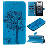 For iPhone 16e Tree & Cat Embossed Pattern Flip Leather Phone Case(Blue)