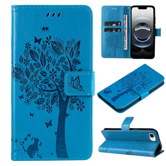 For iPhone 16e Tree & Cat Embossed Pattern Flip Leather Phone Case(Blue)