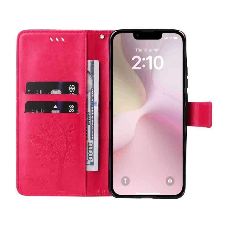 For iPhone 16e Tree & Cat Embossed Pattern Flip Leather Phone Case(Rose Red)