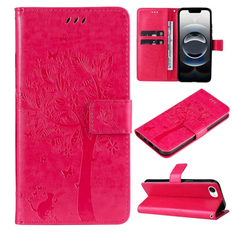 For iPhone 16e Tree & Cat Embossed Pattern Flip Leather Phone Case(Rose Red)
