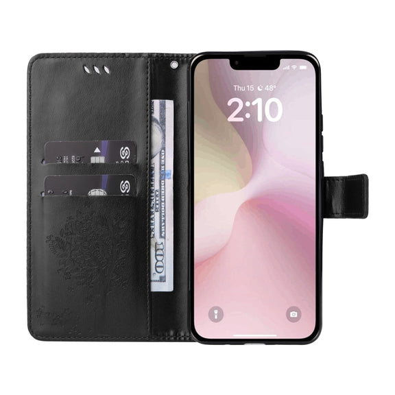 For iPhone 16e Tree & Cat Embossed Pattern Flip Leather Phone Case(Black)