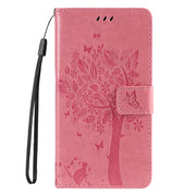 For iPhone 16 Pro Max Tree & Cat Embossed Pattern Flip Leather Phone Case(Pink)
