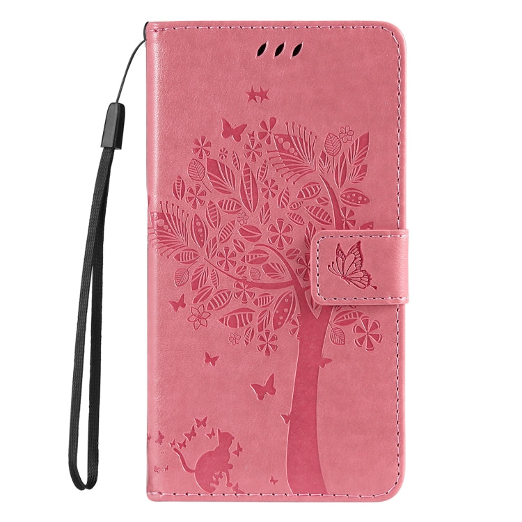 For iPhone 16 Pro Max Tree & Cat Embossed Pattern Flip Leather Phone Case(Pink)