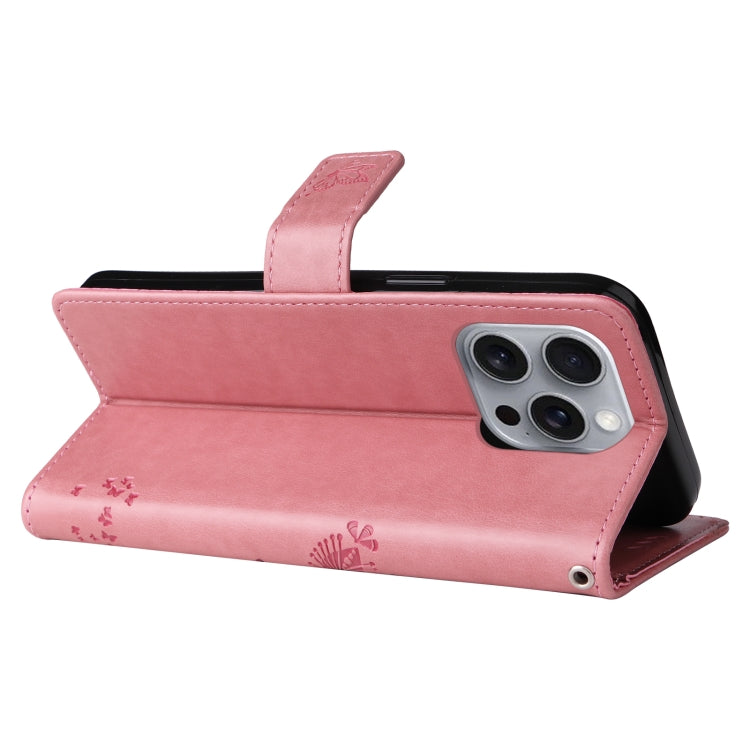 For iPhone 16 Pro Max Tree & Cat Embossed Pattern Flip Leather Phone Case(Pink)
