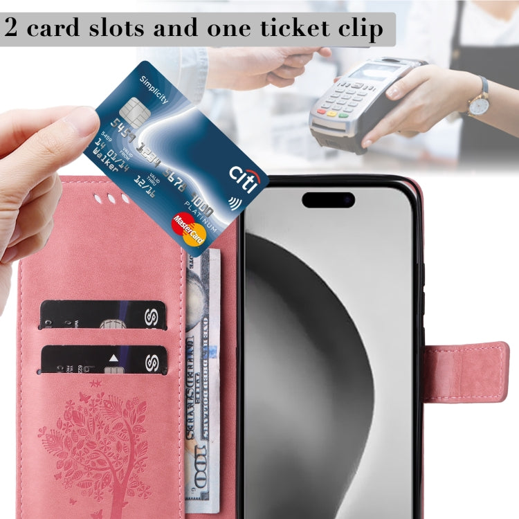 For iPhone 16 Pro Max Tree & Cat Embossed Pattern Flip Leather Phone Case(Pink)
