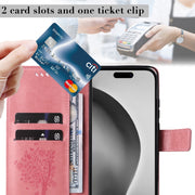 For iPhone 16 Pro Max Tree & Cat Embossed Pattern Flip Leather Phone Case(Pink)