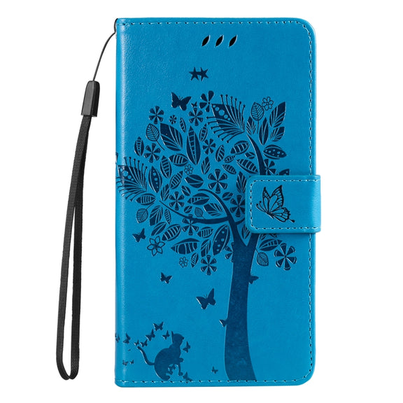 For iPhone 16 Pro Tree & Cat Embossed Pattern Flip Leather Phone Case(Blue)
